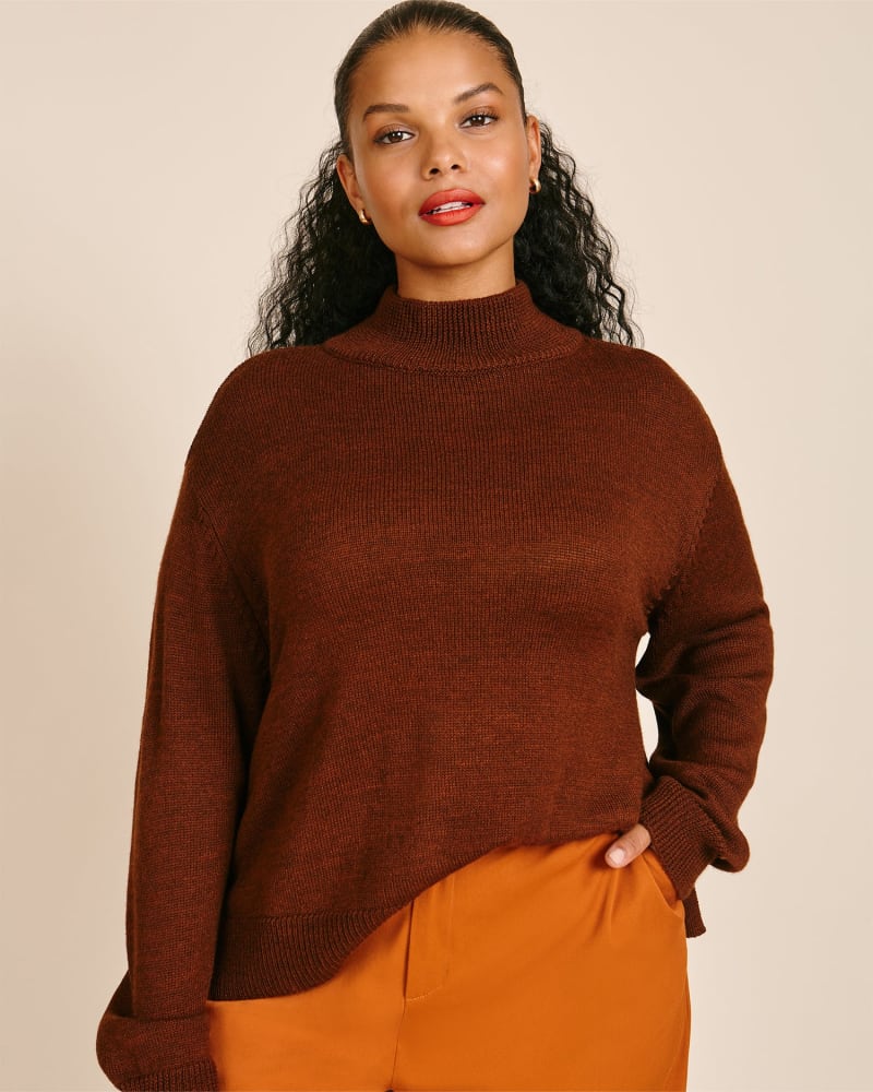 Front of a model wearing a size 0 Mila Turtleneck Sweater in Brown by 11 Honoré Collection. | dia_product_style_image_id:231143